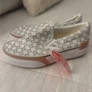 Vans White and Olive Green Patterned Slip-Ons platforms